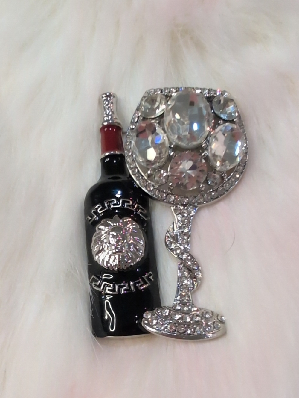 Large Rhinestone Wine Bottle and Glass Brooch